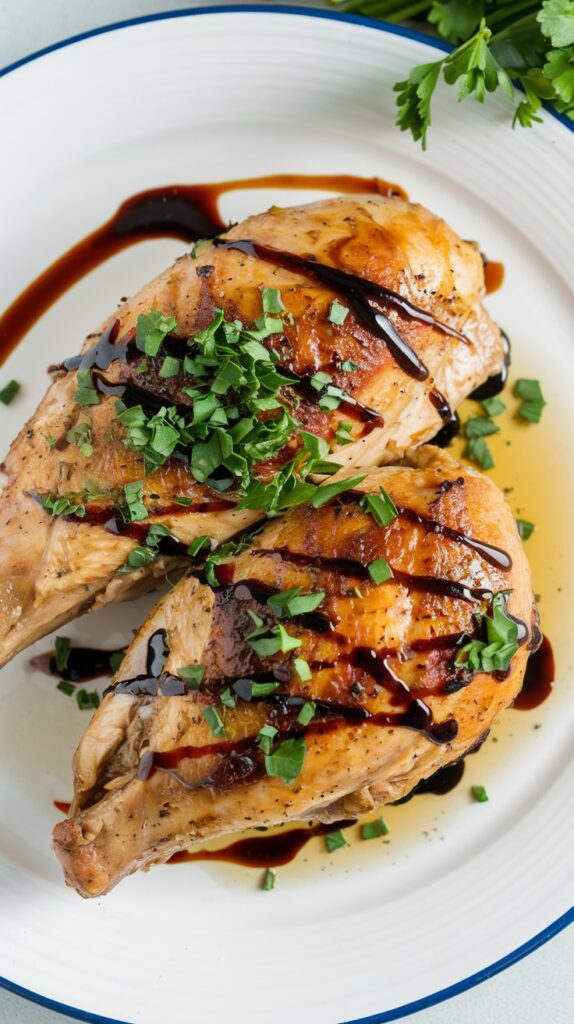 Top view of golden brown chicken breast drizzled with brown balsamic sauce.
