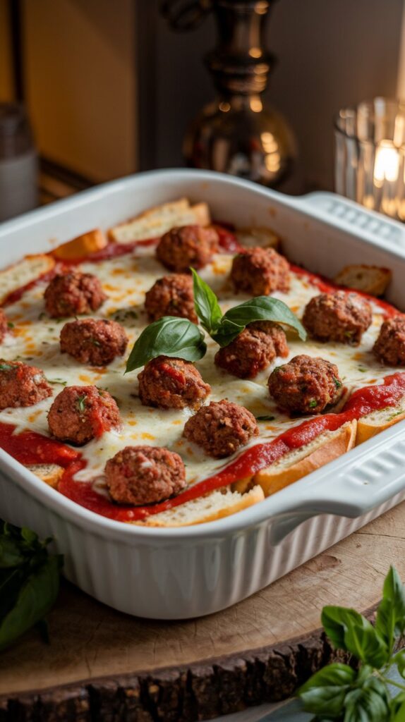 A baked meatball sub casserole in a white dish, layered with garlic bread, marinara sauce, melted cheese, and meatballs