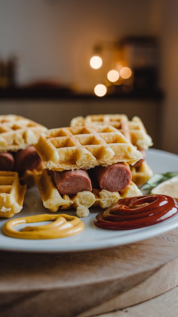 Mini cornbread waffles with hot dog pieces inside, served on a white plate.
