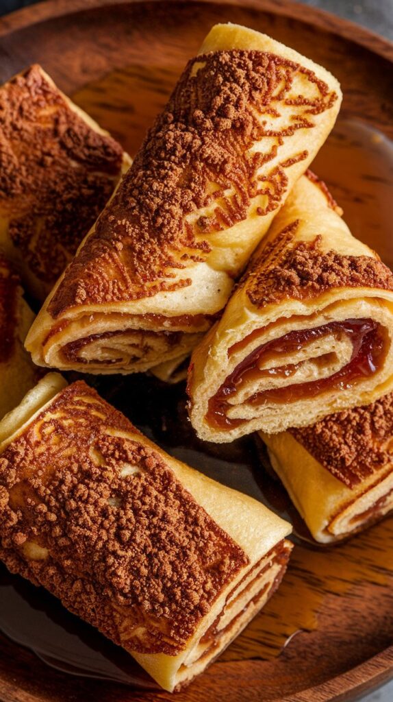 Golden-brown French toast roll-ups filled with peanut butter and jelly, dusted with cinnamon sugar. A