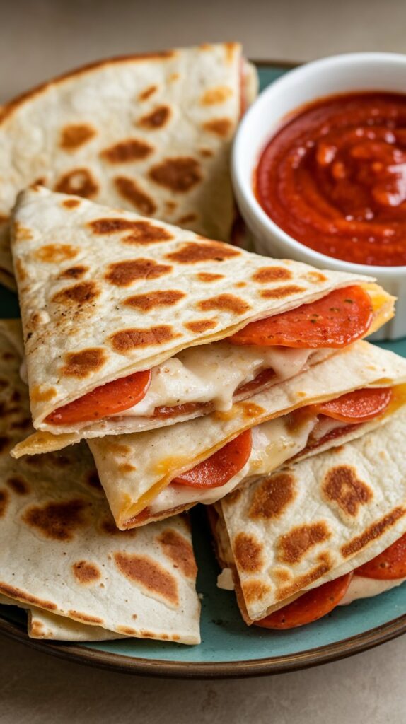 Crispy golden quesadillas cut into triangles, filled with gooey mozzarella cheese and mini pepperoni.