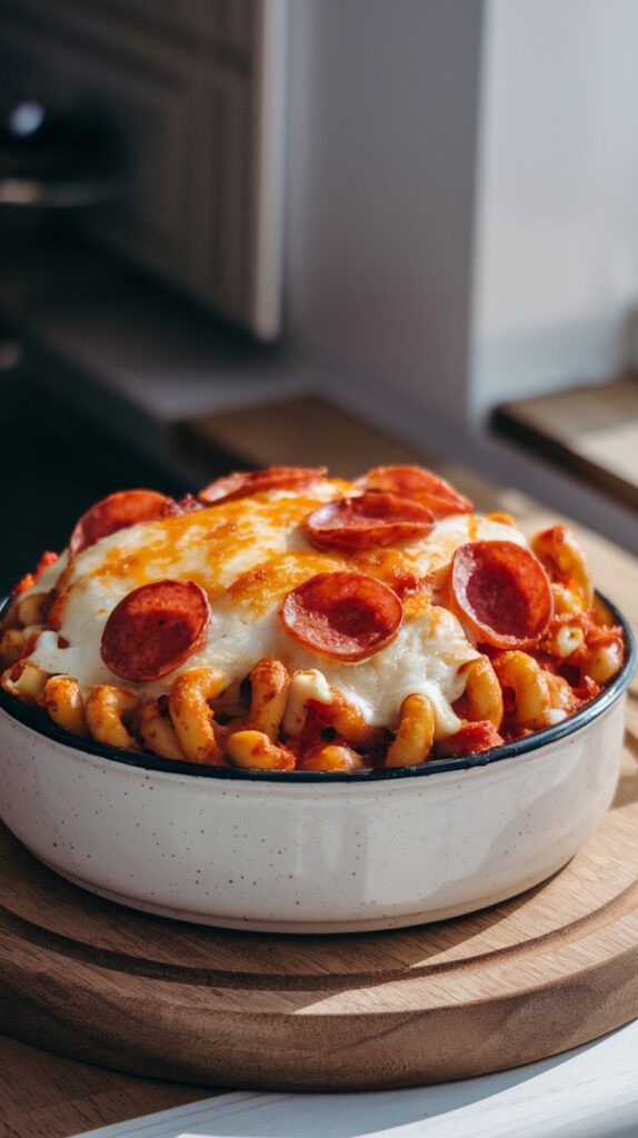 A cheesy pizza mac and cheese in a white ceramic bowl, topped with mini pepperoni and melted mozzarella.