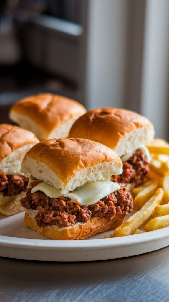 Mini sloppy joe sliders on golden Hawaiian rolls, with saucy beef filling and melted cheese.