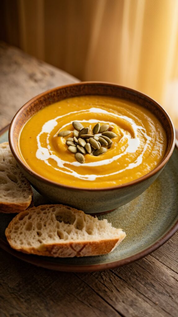 Bowl of butternut squash soup swirled with cream and served with sliced bread