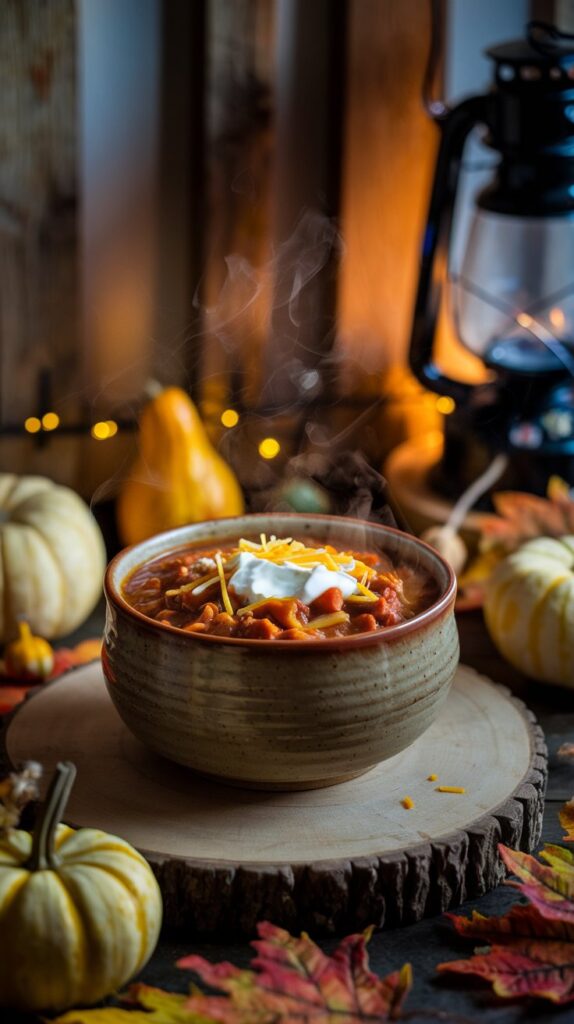 Bowl of purmpkin chili with shredded cheese and sour cream on top surrounded by fall decor