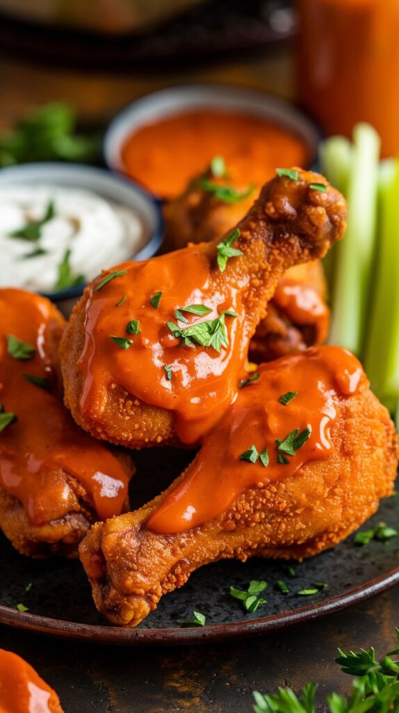 A close-up shot of crispy, golden-brown air fryer drumsticks coated in a glossy, vibrant orange Buffalo sauce. The drumsticks are arranged on a dark rustic plate, garnished with finely chopped parsley. A side of ranch dressing, celery sticks, and extra Buffalo sauce