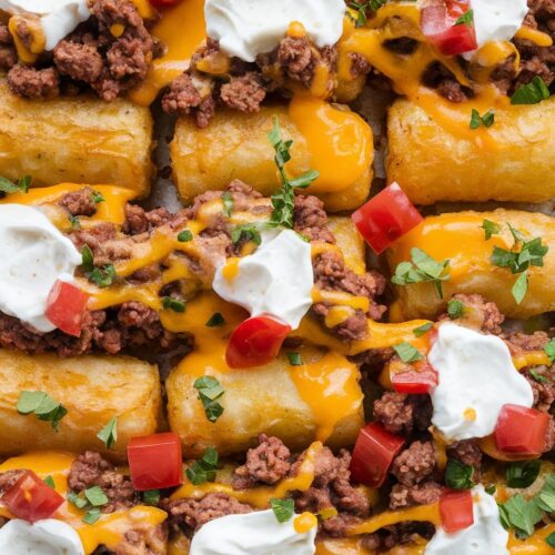 Golden, crispy tater tots loaded with seasoned ground beef, melted cheddar cheese, diced tomatoes, and sour cream.