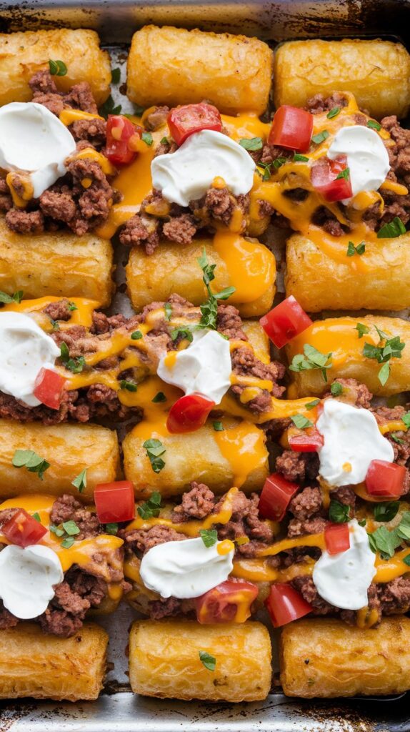 Golden, crispy tater tots loaded with seasoned ground beef, melted cheddar cheese, diced tomatoes, and sour cream.