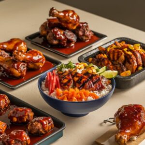 assortment of BBQ chicken dishes on a clean, modern table