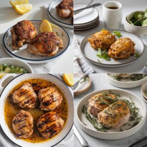 Four different chicken thigh dishes on plates