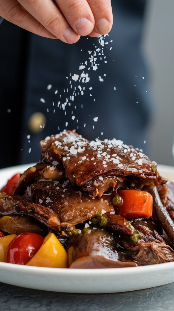 PErson sprinkling salt over a cooked pulled beef and vegetable slow cooker meal