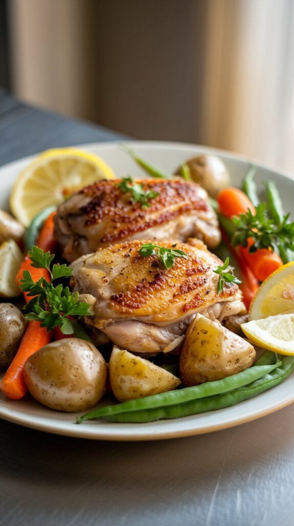 A warm, cozy dinner scene featuring slow-cooked chicken thighs with a golden sear, nestled among tender baby potatoes, carrots, and vibrant green beans. Lemon slices and fresh parsley garnish the dish, adding brightness.