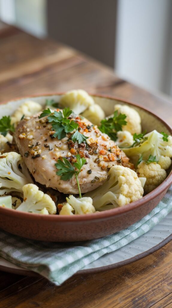 A comforting bowl of slow-cooked garlic herb chicken with tender cauliflower florets, garnished with fresh parsley.