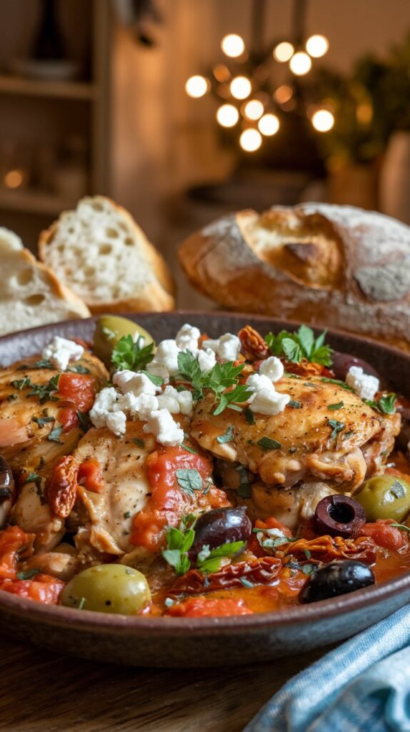 A rustic bowl of Mediterranean chicken with tender chicken thighs, olives, sun-dried tomatoes, and fresh herbs in a rich tomato-based sauce