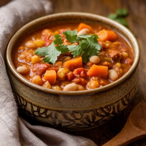 A steaming bowl of turkey and sweet potato chili in a rustic ceramic bowl, topped with fresh cilantro.