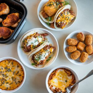 top view of several dinner dishes, all easy to make