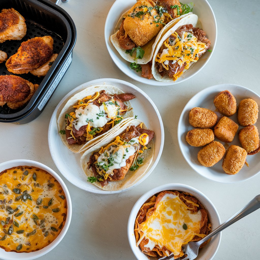 top view of several dinner dishes, all easy to make