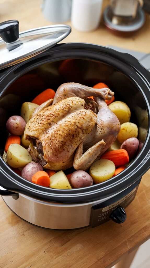closeup top view of oval slow cooker with chicken cooking and potatoes with carrots