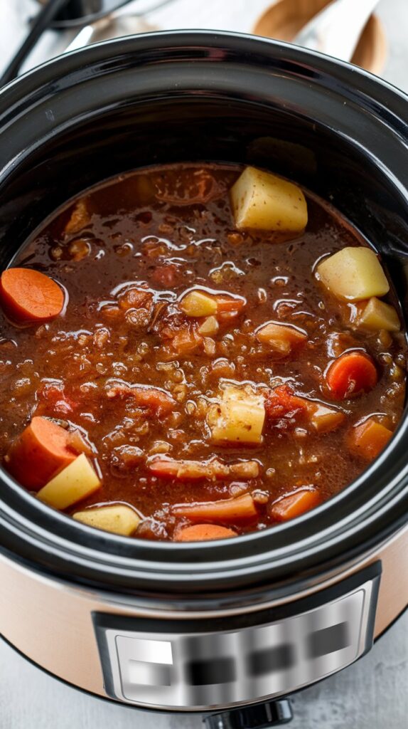 closeup top view of round slow cooker filled with bubbling stew