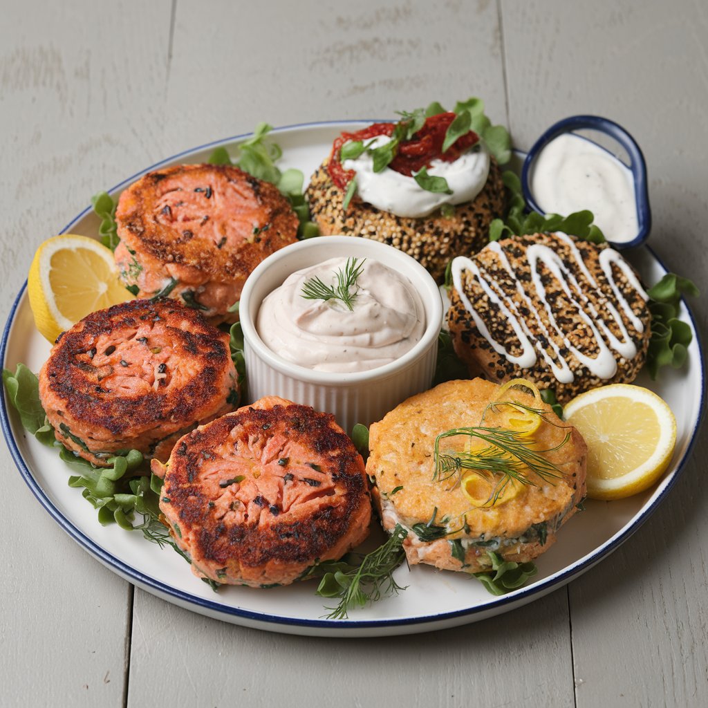 5 different salmon patties arranged on a plate with sauces