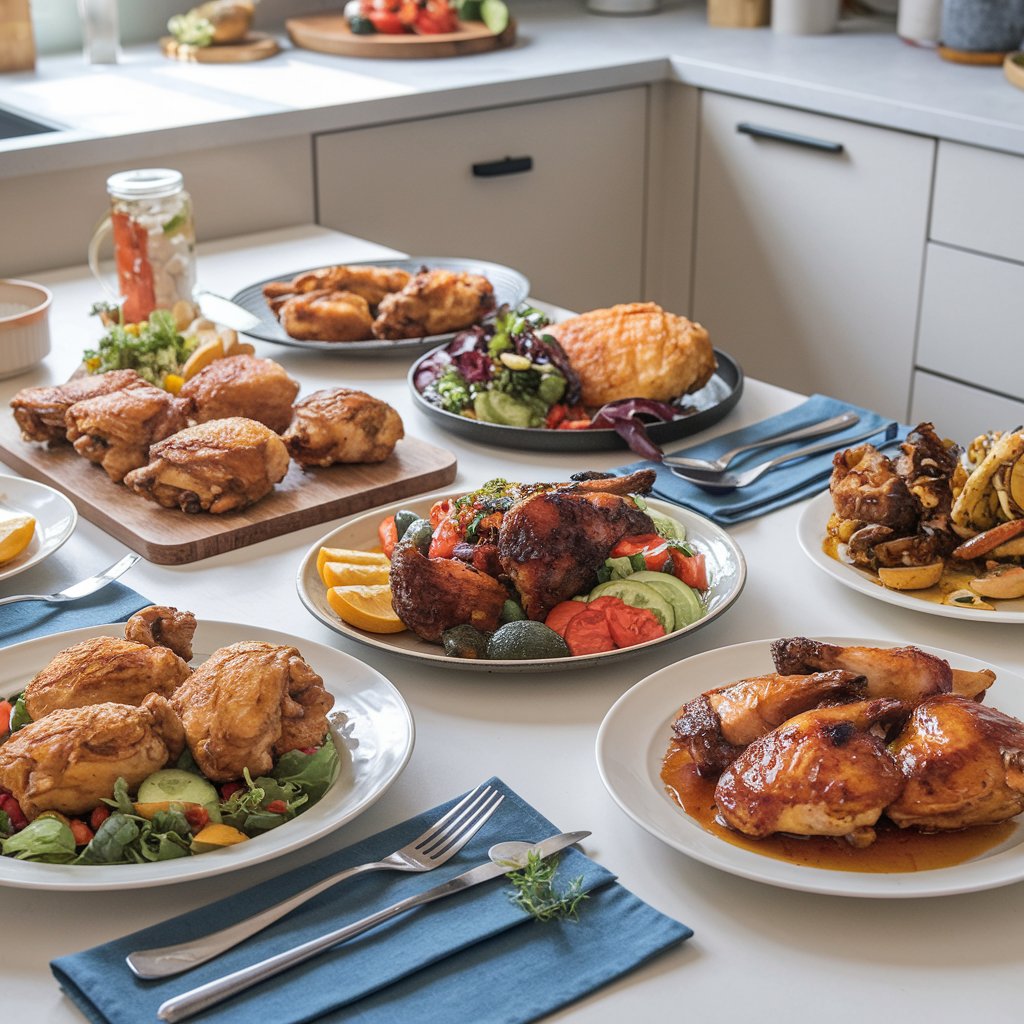 A delicious assortment of easy, home-cooked chicken dishes, including golden-brown baked chicken thighs, crispy air fryer chicken breast, tangy BBQ chicken, and honey garlic glazed chicken.