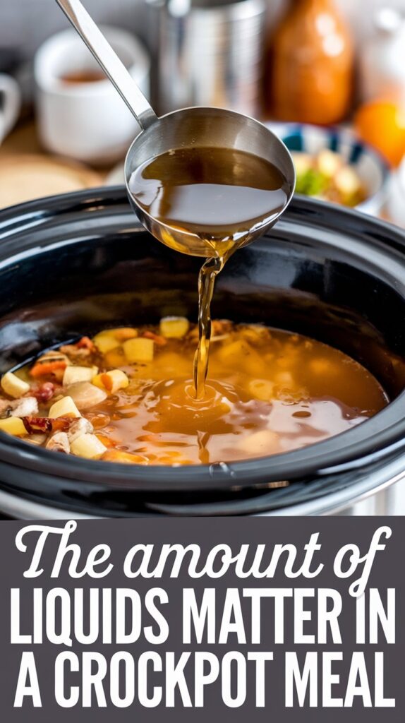 Slow cooker with cooked vegetables and meat and ladel pouring more liquid over it. Text reads "The amount of liquids matter in a crockpot meal"