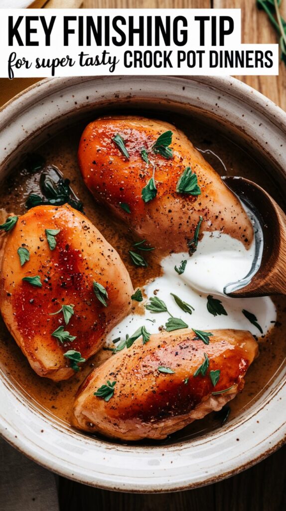 Top view of cooked chicken breast in a crock pot with person stirring in cream with a wooden spoon. Text "key finishing tip for super tasty crock pot dinners"