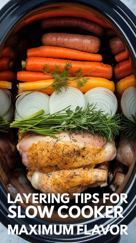 Top view of oval crockpot with carrots, onions and chicken breast layered in with text "Layering tips for slow cooker maximum flavor"