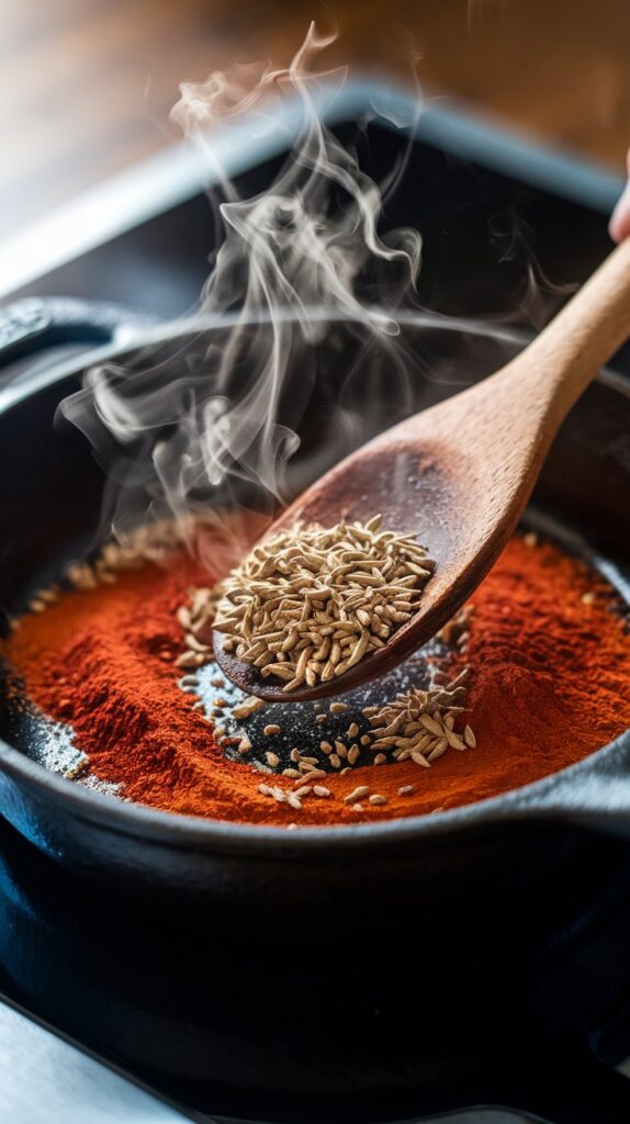Image of a cast iron skilled toasting spices with a wooden spoon stirring