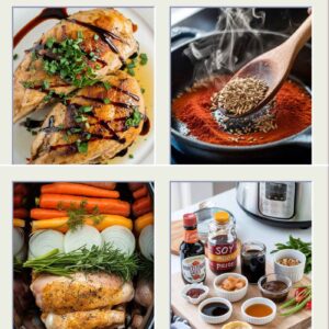 Four different images of slow cooker hacks including chicken breasts with glazing, salt being sprinkled on beef dish, herbs being browned and carrots, ontions and chicken layered in crock pot.