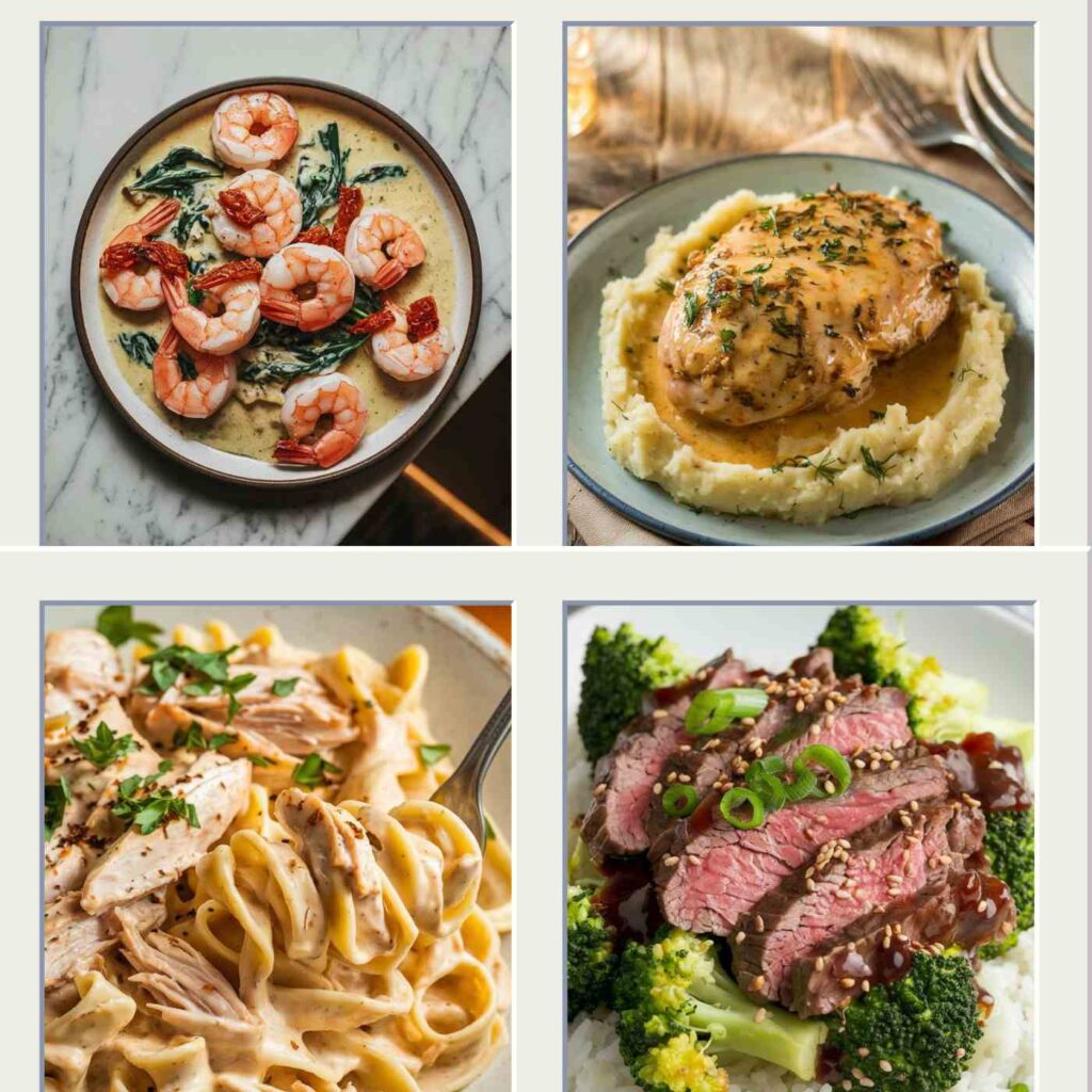 4 different super each crockpot dinners displayed on plates