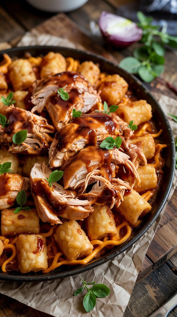 BBQ chicken casserole with shiny BBQ glaze, shredded chicken under crispy tots. Slight red onion rings beneath the tots.