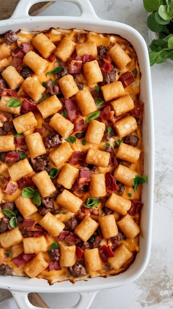 Bacon cheeseburger casserole with ketchup drizzle and pickle slices on cheesy tots
