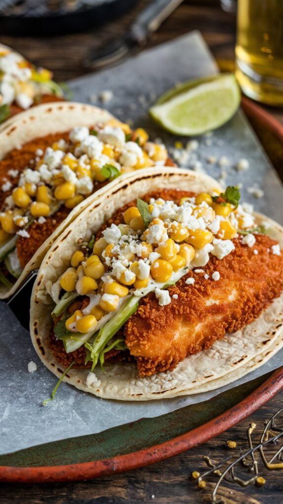 beef batter fried fish in soft taco shells with corn and cheese