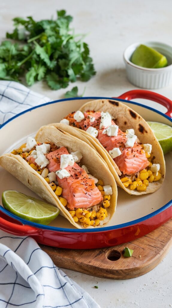 salmon soft tacos atop a bed of corn and feta chunks on top