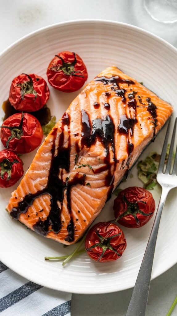 a salmon filet surrounded by baked tomoatoes and topped with balsamic glaze