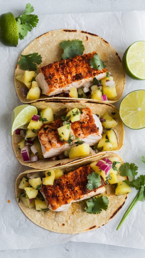 blackened cod in soft taco shells with pineapple bits
