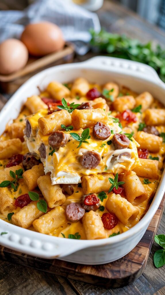 Breakfast casserole with slightly slightly visible sausage, scrambled eggs, cheese under a layer of golden tots