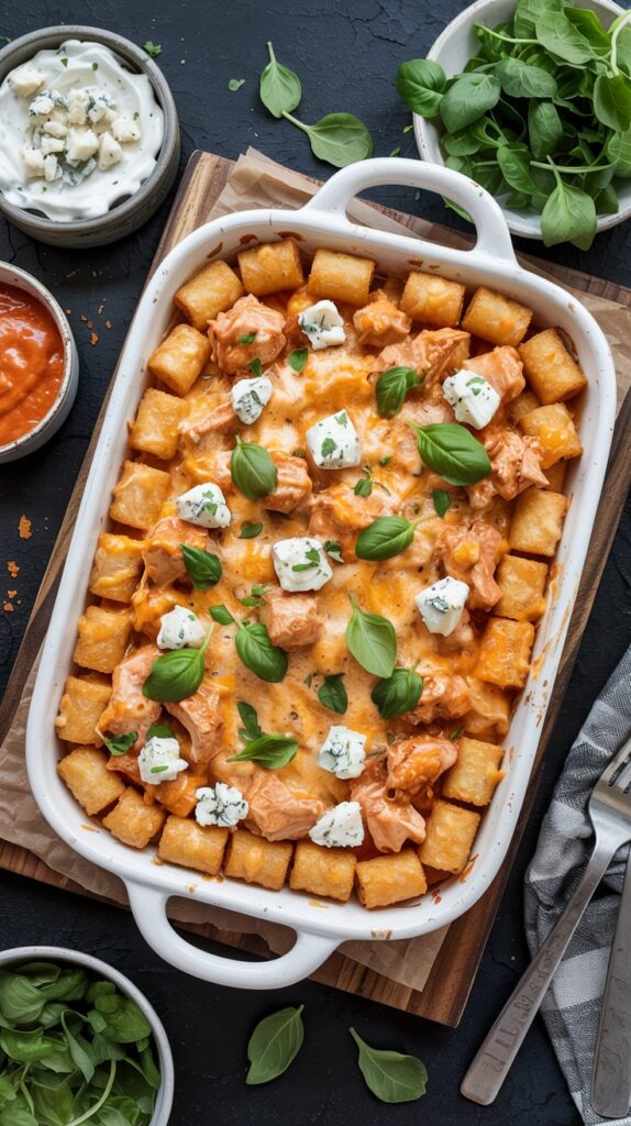 Buffalo chicken tater tot casserole, orange buffalo sauce glaze, cheesy topping, blue cheese crumbles.