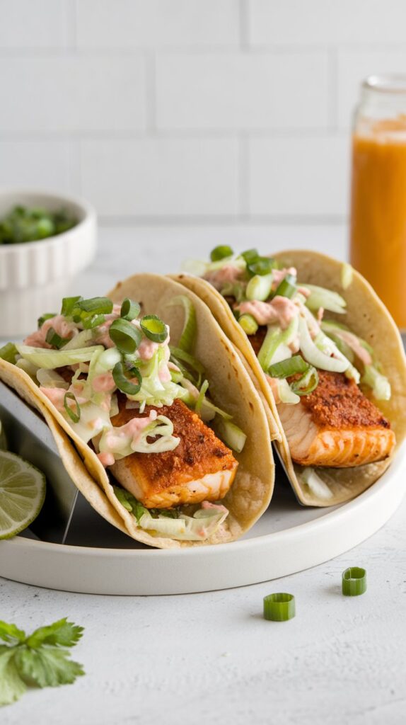 buffalo fish tacos with cabbage and green onion