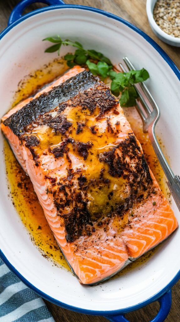 a blackened piece of salmon filet topped with butter and cajun seasonings