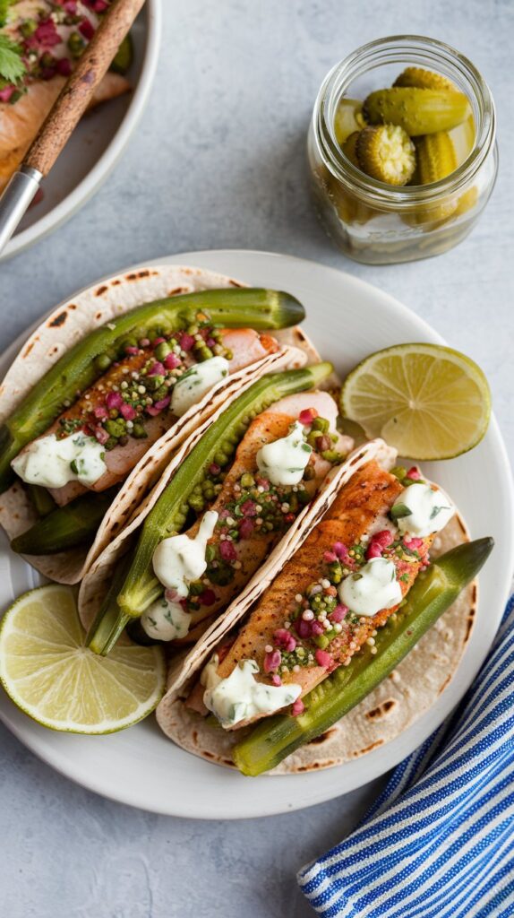 soft tacos with fish and slices of pickle