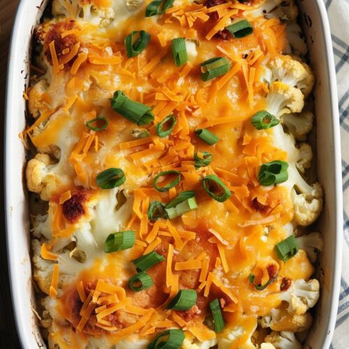 a baked casserole with a cheesy cauliflower mixture, melted cheese on top, and garnished with grated cheddar and scallions
