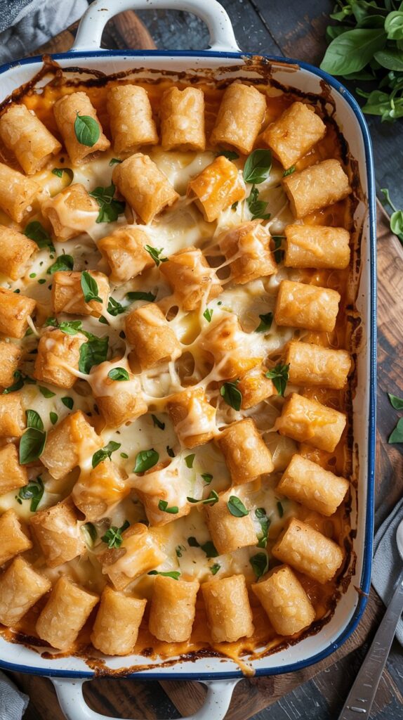 Very cheesy tater tot casserole, three-cheese melt on golden brown tots, bubbling edges in rectangular dish