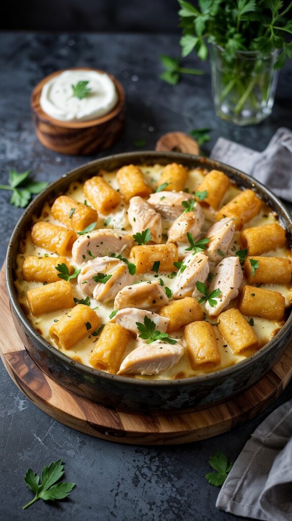 Chicken Alfredo casserole with golden tots, creamy white sauce base, mozzarella melt. Slight parsley garnish,