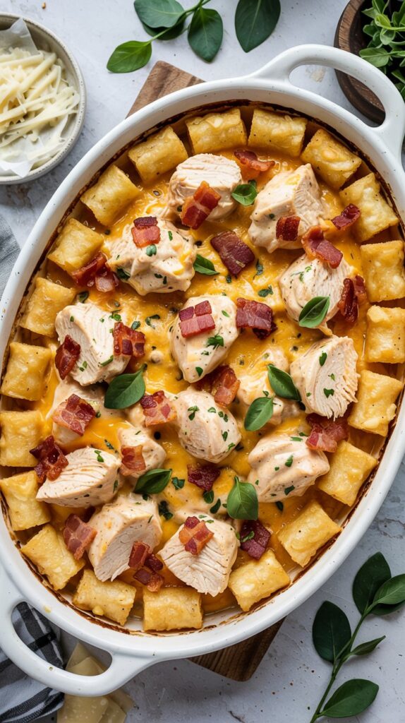Creamy ranch chicken casserole with tater tots, chopped bacon beneath the tots, gooey cheese.