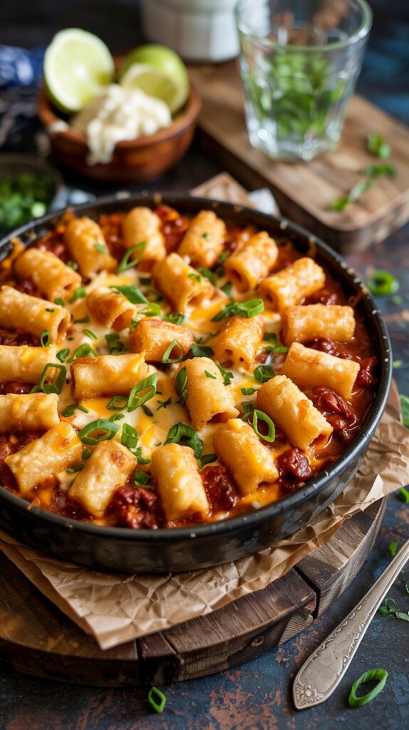 Chili cheese casserole with slightly slightly visible chili layer under golden tots, topped with melty cheese and green onion garnish.