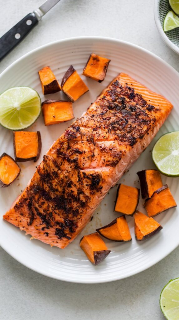 a blackened salmon filet surrounded by diced sweet potatoes and lime halves