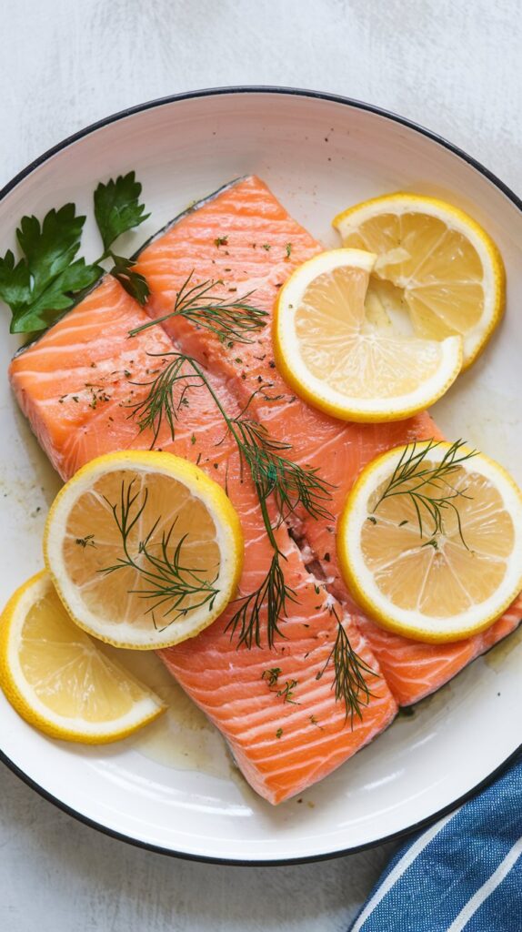 a plate of salon filet garnished with dill and slices of lemon