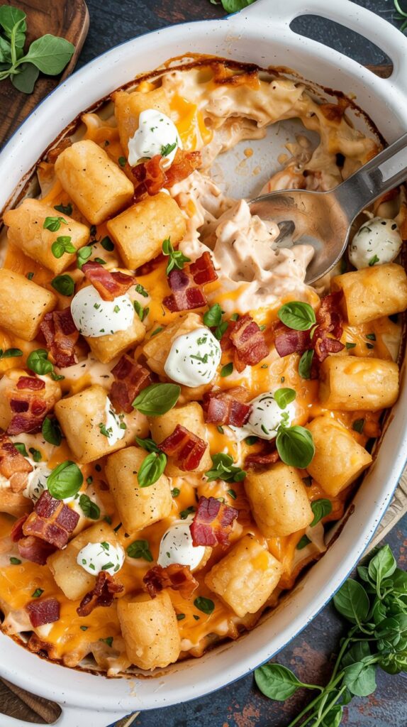 casserole with chicken, cheese, bacon, ranch and golden tots, top-down in a deep white dish.